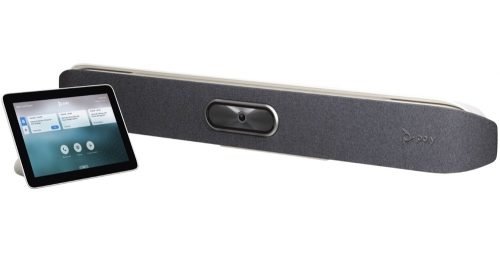 A touchscreen control panel sits next to a sleek, grey video conferencing soundbar with a central camera and the Poly logo on the front, making it an ideal solution for team meeting rooms.