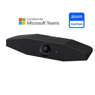 A sleek, black CS-500 Video Collaboration System is centred in the frame. Above it are logos indicating it is a Video Collaboration System that is Certified for Microsoft Teams and Zoom Certified.