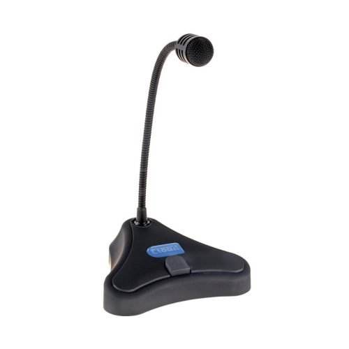 The Zone Paging Microphones feature a black tabletop gooseneck design with a triangular base and blue label, engineered for desktop use in meetings, conferences, or broadcasting—making them an ideal choice for clear and reliable communication.