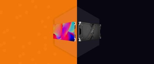 A monitor from the A27 V3 Series displays a vivid image on an orange background, positioned next to the black rear view of the device against a dark backdrop, with both halves separated diagonally down the centre.