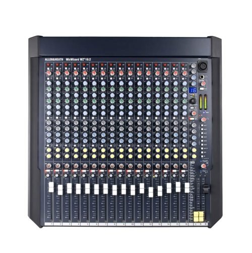 A top-down view of the WZ4 16:2 All-Purpose Mixer, displaying its array of faders, knobs, buttons, and input/output channels neatly organised in vertical rows.