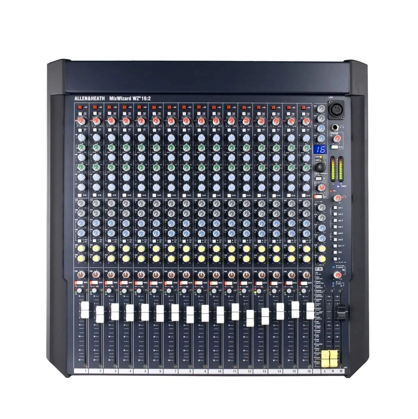 A top-down view of the WZ4 16:2 All-Purpose Mixer, displaying its array of faders, knobs, buttons, and input/output channels neatly organised in vertical rows.