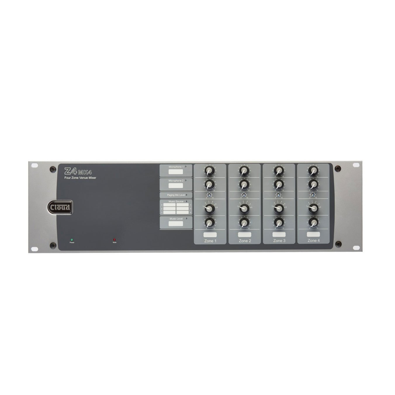 Front view of the Z4MK4 Zone Mixers, featuring a grey panel with clearly labelled knobs, buttons, and LED indicators across four zones, as well as mounting holes on each side—an ideal solution for those seeking a versatile zone mixer.