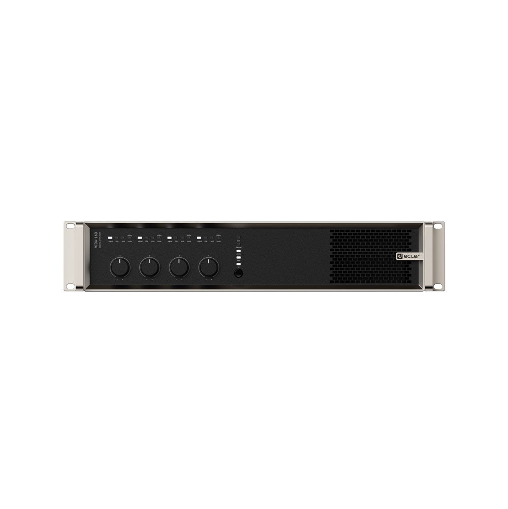 A Digital Amplifiers unit in black, featuring four control knobs, multiple small buttons, indicator lights, and a mesh vent on the right side, all housed within a silver rackmount frame.