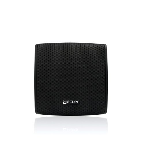 A black eMOTUS5OD PA loudspeaker by Ecler, featuring a square design with a mesh front and the Ecler logo at the bottom, is shown wall-mounted against a white background.
