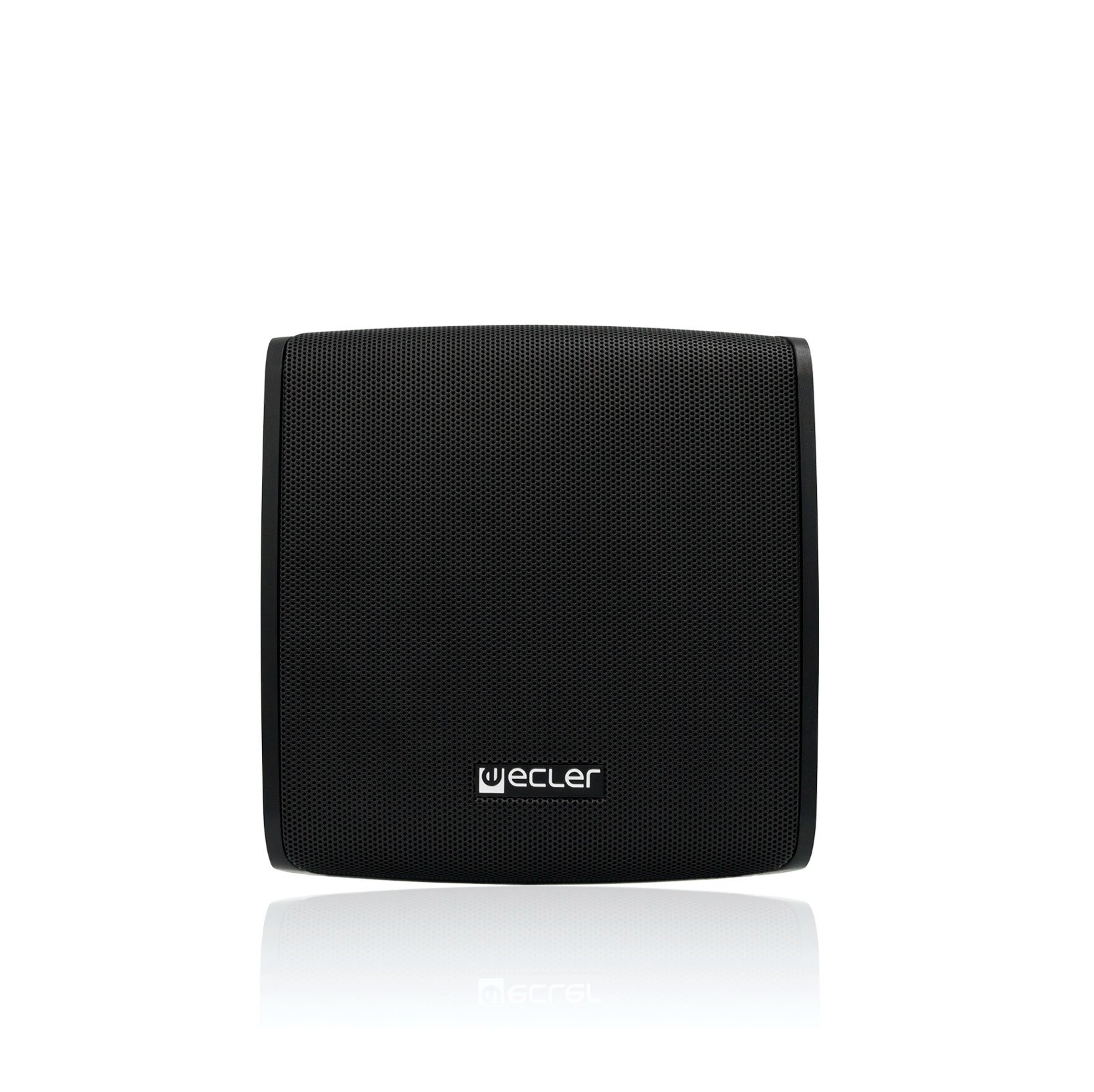 A black eMOTUS5OD PA loudspeaker by Ecler, featuring a square design with a mesh front and the Ecler logo at the bottom, is shown wall-mounted against a white background.