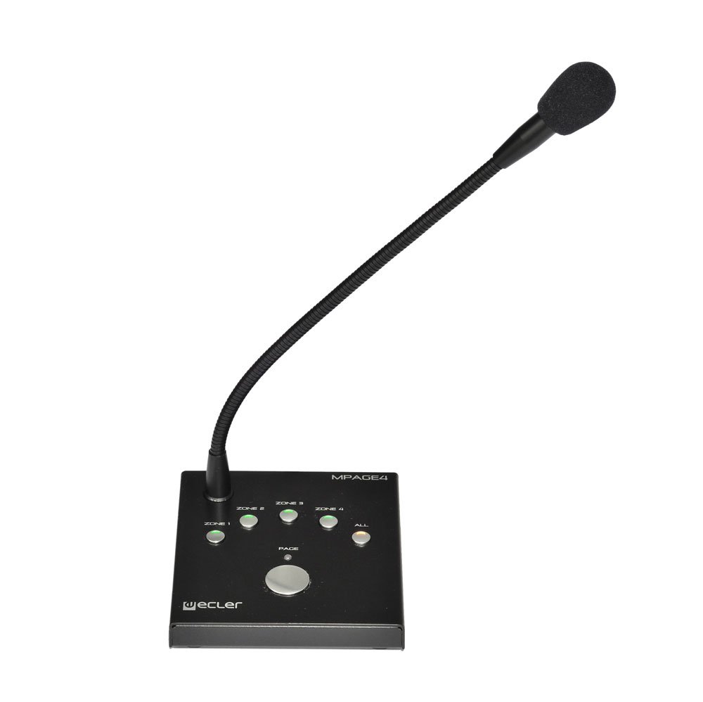 The MPAGE4 Paging Station by Wecler is a black desktop microphone featuring a flexible neck and a square base equipped with multiple buttons and indicator lights, making it an essential component for any professional Paging System. The Wecler logo is displayed on the base.