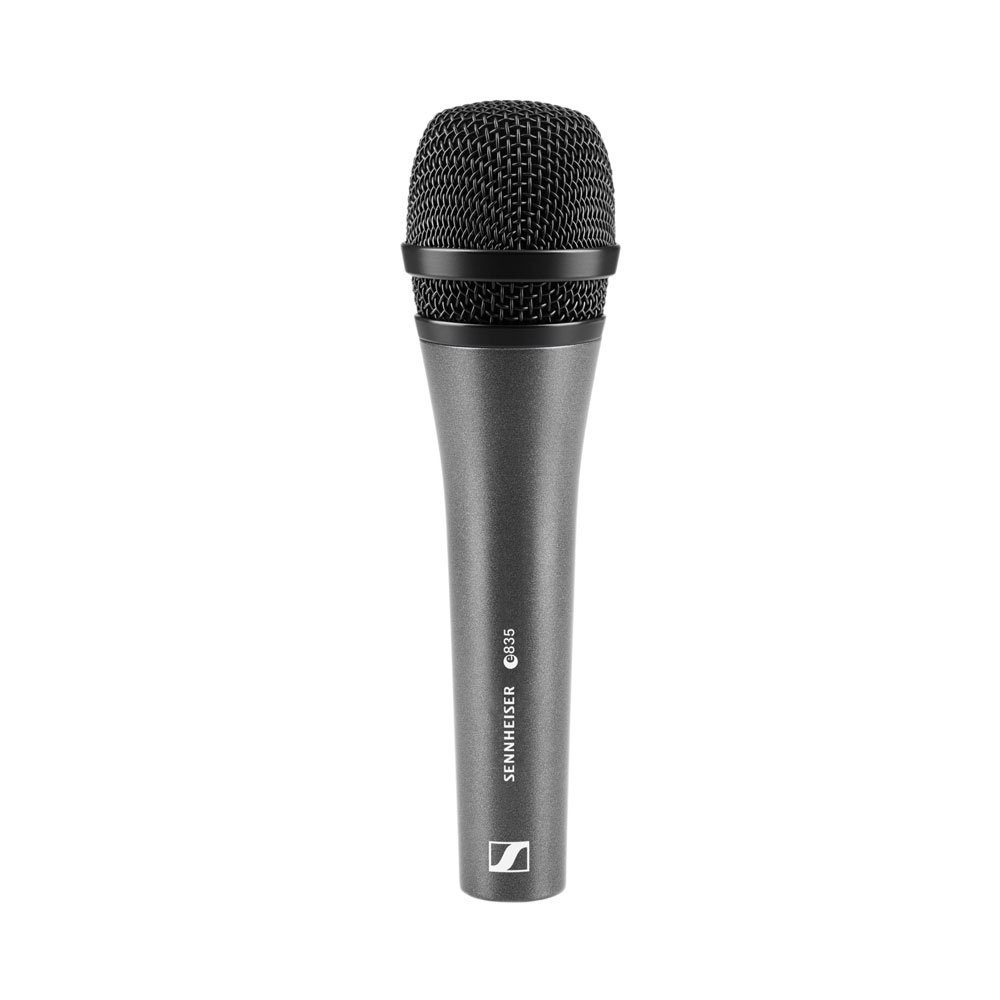 A black and silver Sennheiser Microphone e835, a dynamic vocal microphone, is displayed upright against a white background.
