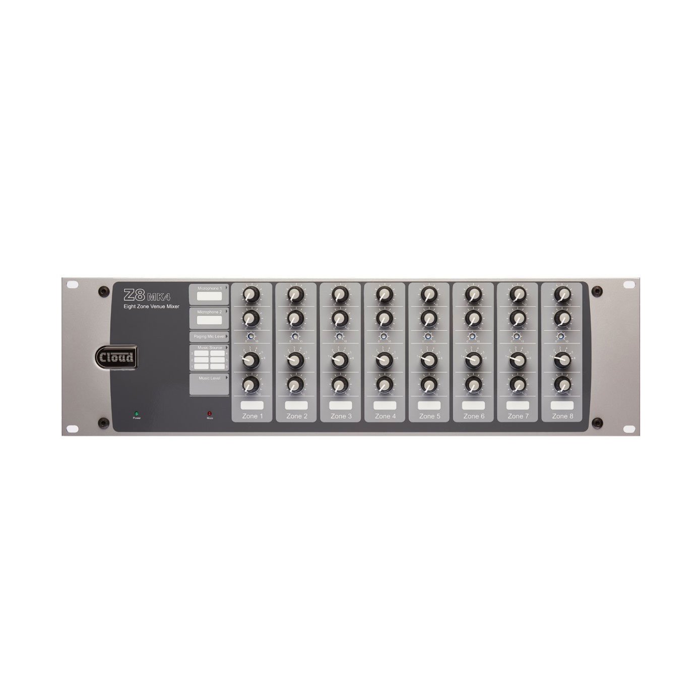 A grey audio mixer with 8 vertical channels, each equipped with knobs and buttons. The Cloud brand is displayed on the left, and labels read “Z8MK4 Zone Mixers.” This dependable Z8MK4 panel from the Zone Mixers range is shown mounted against a white background.