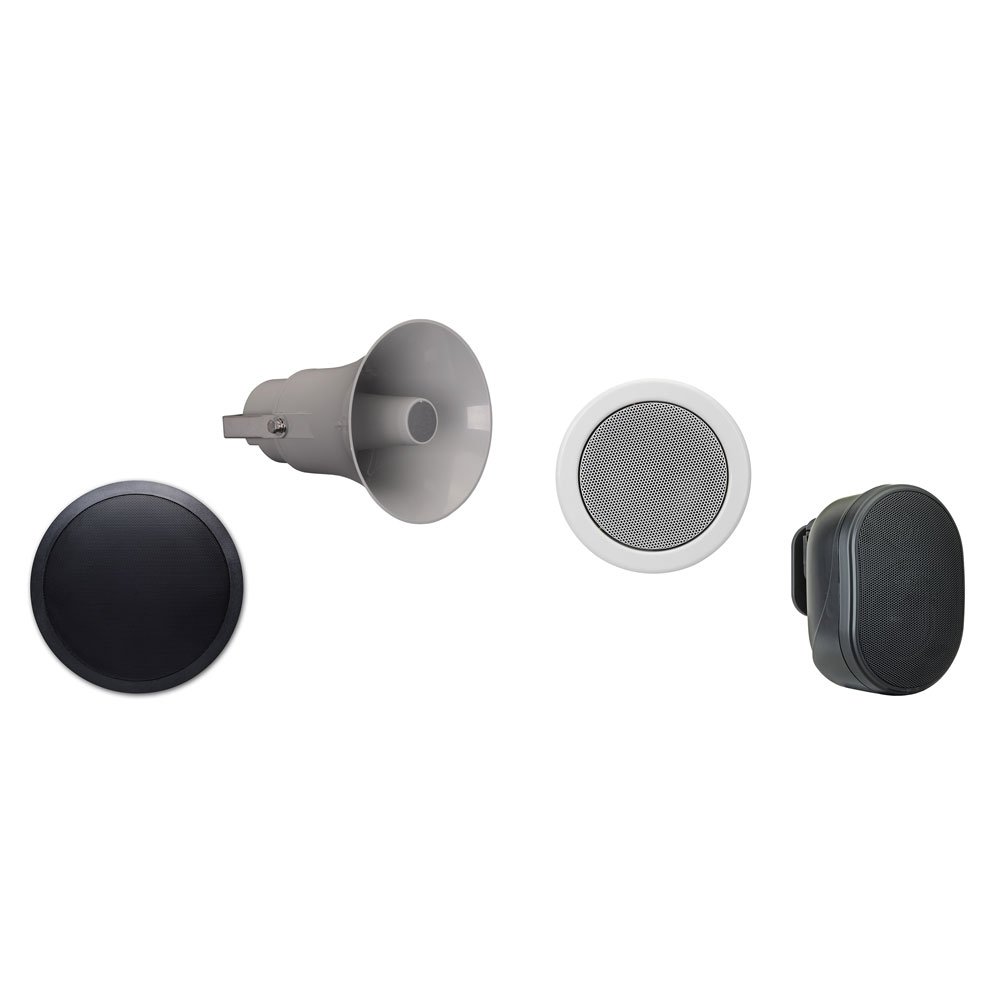 Here’s a rewritten version using the provided product data: Four types of loudspeakers & PA equipment are shown: a black round loudspeaker, a grey megaphone, a white round ceiling speaker, and a black rectangular speaker.