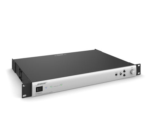 An Integrated Zone Amplifiers audio rack mount unit by Bose Professional, featuring control knobs, buttons, and indicator lights on a silver front panel, shown at an angle against a plain white background.