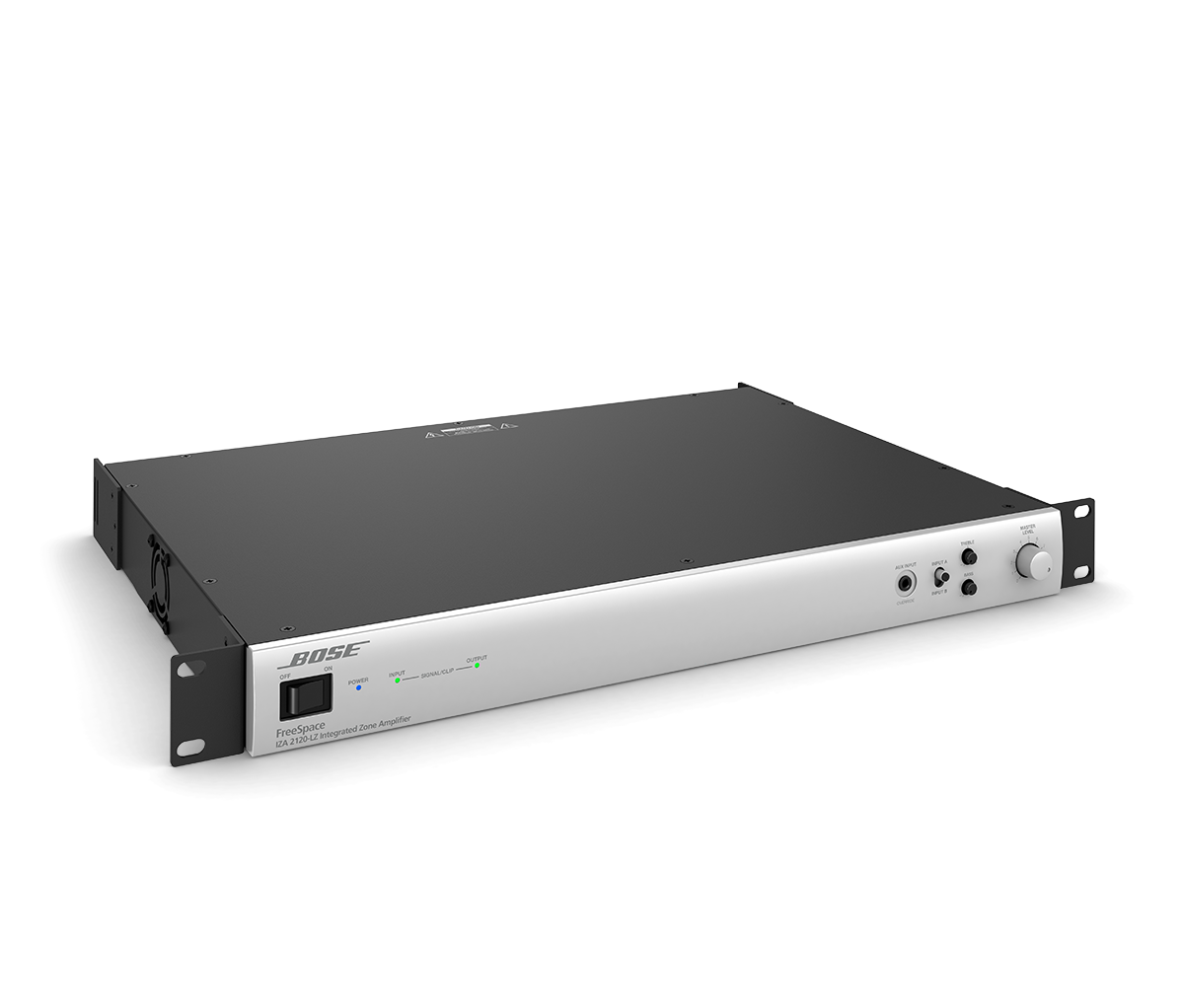 An Integrated Zone Amplifiers audio rack mount unit by Bose Professional, featuring control knobs, buttons, and indicator lights on a silver front panel, shown at an angle against a plain white background.