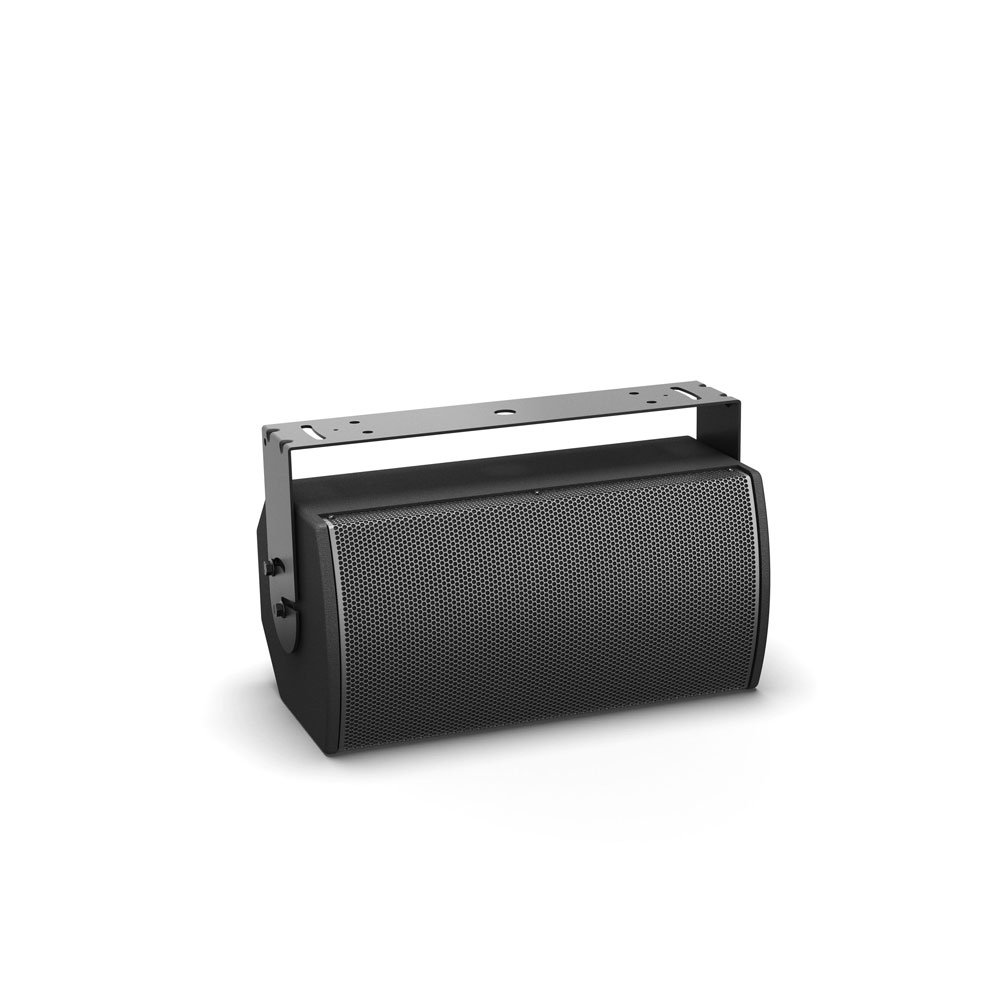 A black, rectangular Surface Mount Speaker featuring a mesh front grille and an adjustable metal bracket on top, shown against a white background.