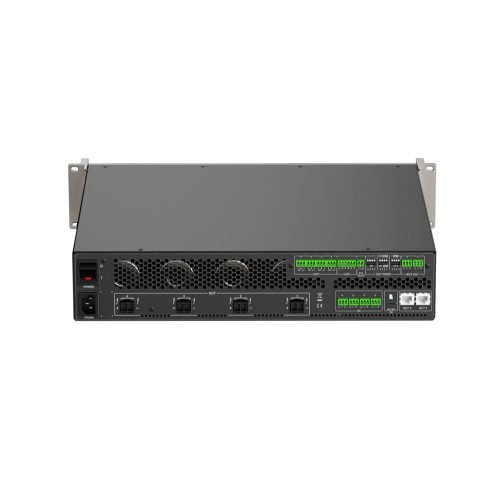 A black rack-mountable network server or power supply unit, such as the Live Amplifier VIDA-24Q, featuring multiple cooling fans, ports, green terminal blocks, and control connectors on the front panel.
