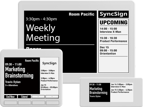 Three Signage Panels display meeting room schedules, listing events such as Weekly Meeting, Marketing Brainstorming, Interview X-Man, Product Performance, and Orientation. Each event shows details including date, time, and attendees.