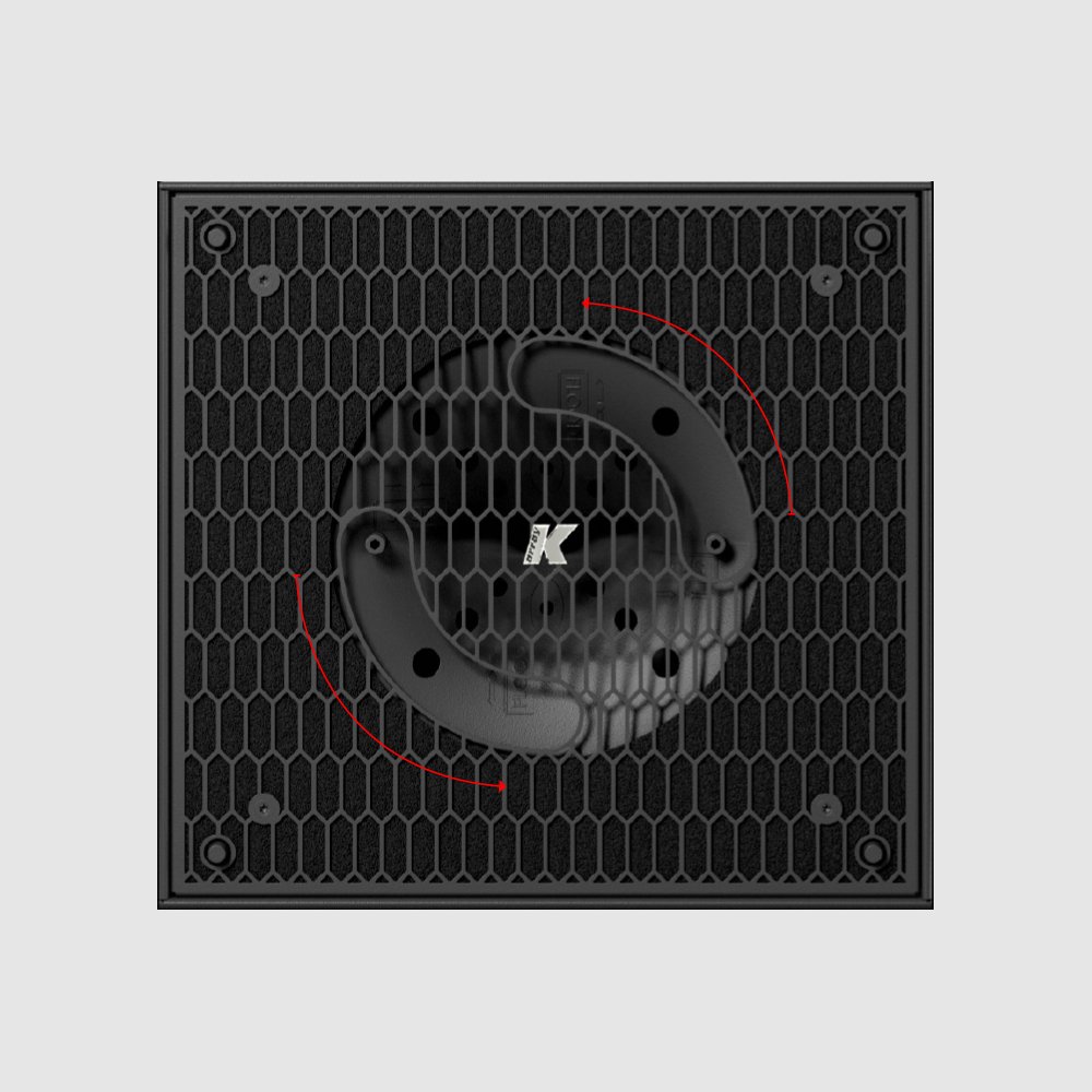 A black Dragon Speakers fan with a honeycomb grille and a K logo in the centre, viewed from above against a light grey background, reminiscent of the intricate designs found on high-end audio equipment.