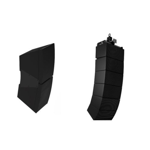 Featuring Community Loudspeakers in black: one stack of two on the left and a curved array of five suspended on the right, both set against a white background.