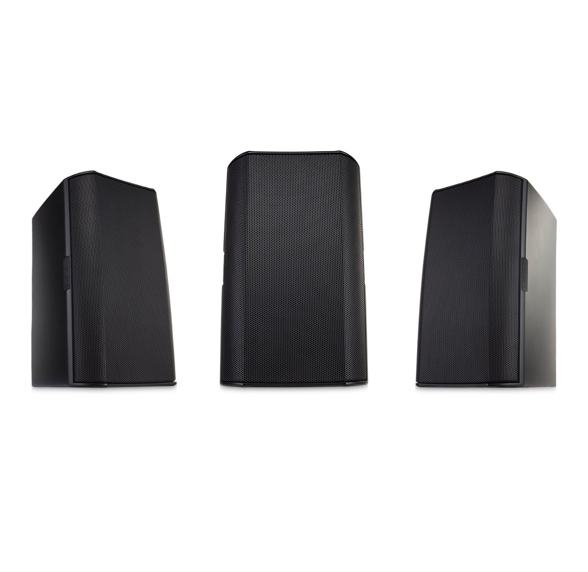 Three QSC AD-S12 Surface Speakers in black, featuring a modern rectangular design, are positioned side by side against a white background. The centre speaker is facing forward, while the speakers on each side are angled slightly outward.