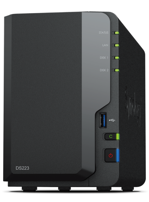A black Synology DS223 NAS device with LED indicators for status, LAN, disk 1, and disk 2, plus USB, copy, and power buttons on the front panel—ideal for supporting Environmental Management tasks or storing critical data related to Ecosystem Analysis.