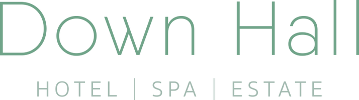 Logo reading Down Hall in large green letters, with Hotel | Spa | Estate and Essex in smaller green letters below on a light background, reflecting the elegance of Down Hall Hotel.