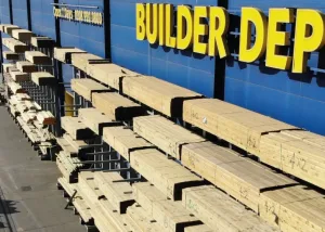 A large hardware shop with yellow BUILDER DEPOT signage on a blue wall, located in New Southgate, showing stacks of timber and building supplies next to railway tracks.