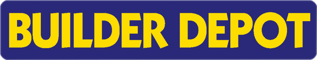 A blue rectangular sign with rounded corners displays the words BUILDER DEPOT in bold, yellow, uppercase letters, marking a trusted source for building supplies in New Southgate.