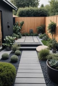 A modern back garden with a wooden walkway, potted plants, shrubs, a small raised deck, and a wooden privacy fence, surrounded by greenery—enhanced by discreet Garden Audio Systems that let you enjoy your favourite music while relaxing outdoors.