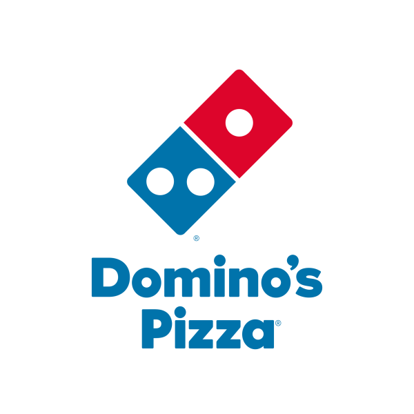 Domino’s Pizza logo featuring a red and blue domino tile above the words Domino’s Pizza in bold blue letters on a light grey background.
