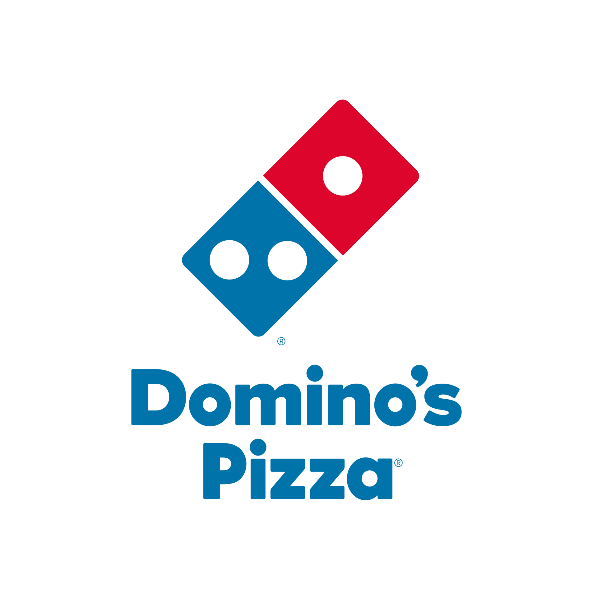 Domino’s Pizza logo featuring a red and blue domino tile above the words Domino’s Pizza in bold blue letters on a light grey background.