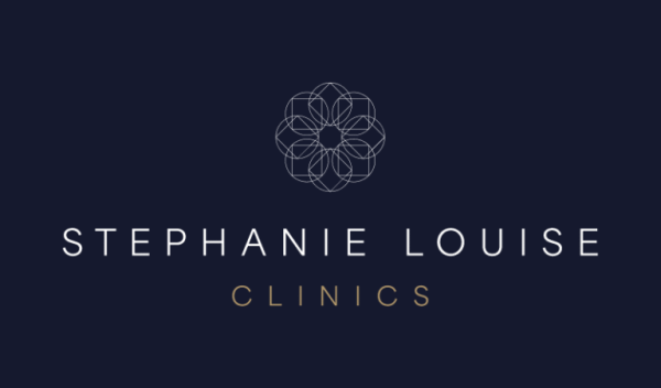 Logo for Stephanie Louise Clinics in Bishops Stortford. Features a geometric flower design above the clinic name in white capital letters, with CLINICS in gold, all on a dark blue background.