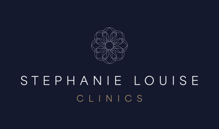 Logo for Stephanie Louise Clinics in Bishops Stortford. Features a geometric flower design above the clinic name in white capital letters, with CLINICS in gold, all on a dark blue background.