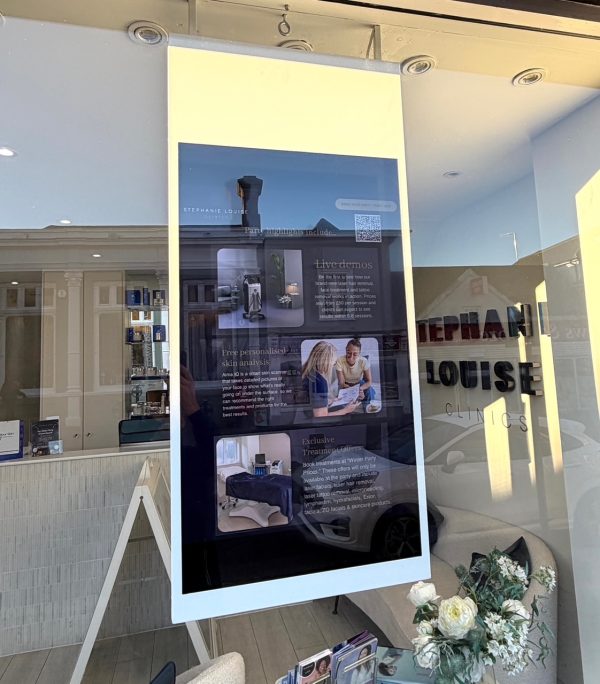 A digital display in a clinic window shows promotional content with images of a consultation, a treatment room, and text. The clinic’s name, Stephanie Louise Clinics, is visible on the window behind the screen, highlighting its presence in Bishop’s Stortford.