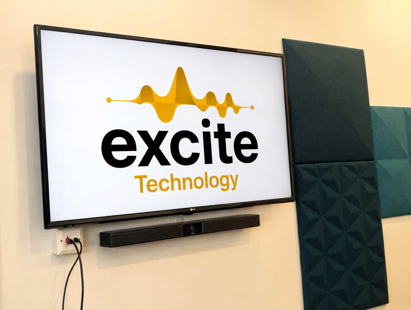 A TV screen displays the excite Technology logo with a yellow soundwave graphic above the text; blue acoustic panels are mounted on the nearby wall.