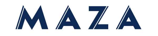 The image displays the word MAZA in bold, dark blue, geometric uppercase letters on a white background, evoking the refined elegance of Maza Mayfair in London.