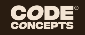 Text CODE CONCEPTS in large, bold, beige capital letters on a dark brown background. The word CODE is on top, and CONCEPTS is below it, aligned to the left. Inspired by Edinburgh’s creative spirit, this design highlights Code Concepts with a modern and sophisticated touch.