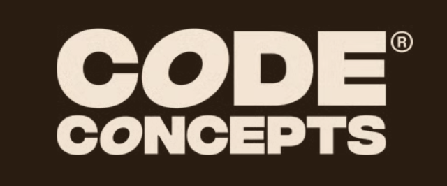 Text CODE CONCEPTS in large, bold, beige capital letters on a dark brown background. The word CODE is on top, and CONCEPTS is below it, aligned to the left. Inspired by Edinburgh’s creative spirit, this design highlights Code Concepts with a modern and sophisticated touch.