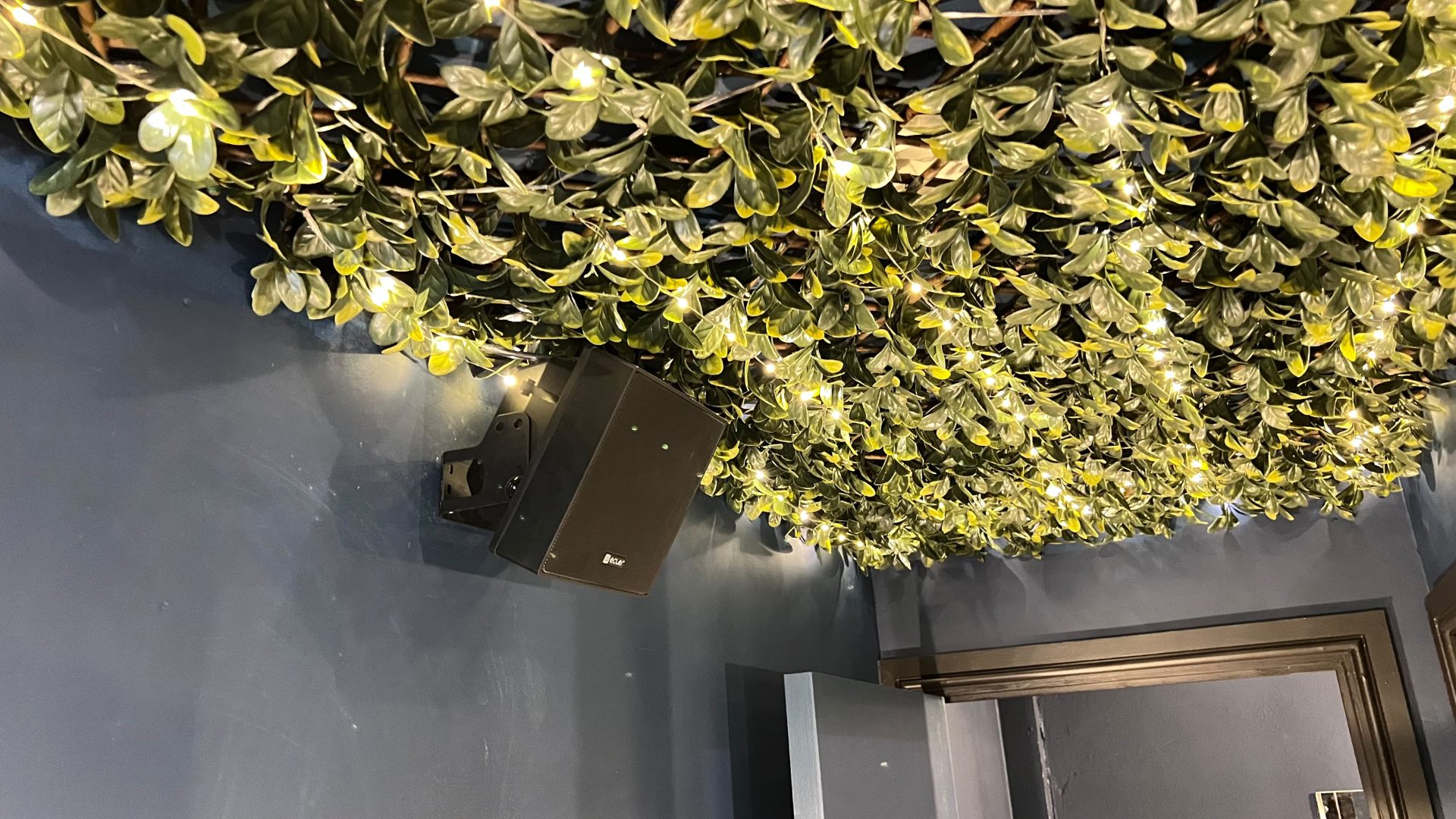 A ceiling covered with leafy artificial vines and small fairy lights, with a black speaker mounted on a dark blue wall below, evokes the cosy atmosphere found at Pizza Pilgrims in Wimbledon.