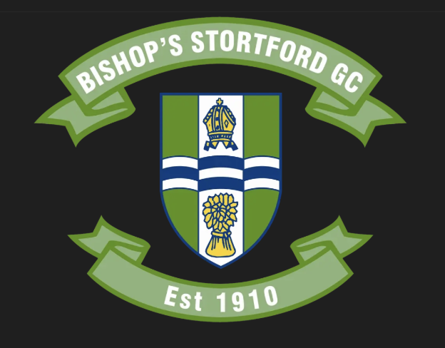 Green and blue Bishop's Stortford Golf Club crest featuring a mitre and flower, framed by green banners reading Bishop's Stortford GC at the top and Est 1910 at the bottom, proudly representing this historic Hertfordshire golf club.