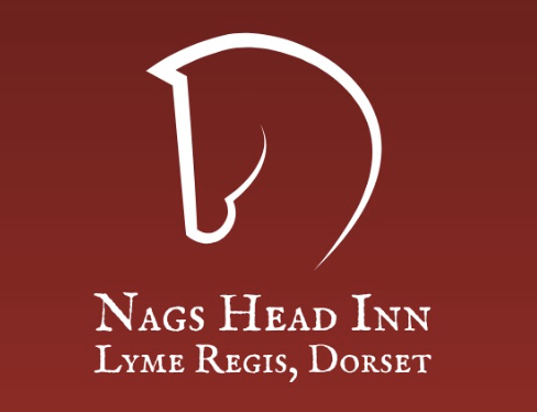 A minimalist white horse head outline sits above the text Nags Head Inn, capturing the spirit of Lyme Regis, Dorset against a bold red background. A minimalist white horse head outline sits above the text Nags Head Inn, capturing the spirit of Lyme Regis, Dorset against a bold red background.