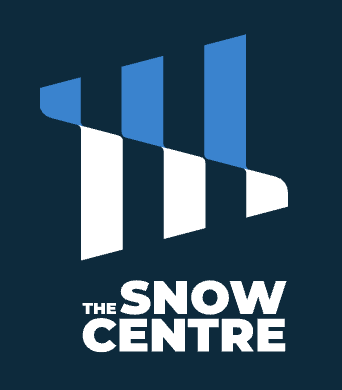Logo for The Snow Centre in Hemel Hempstead featuring three abstract, blue and white vertical shapes resembling ski slopes, above the words The Snow Centre in bold white text on a dark blue background.