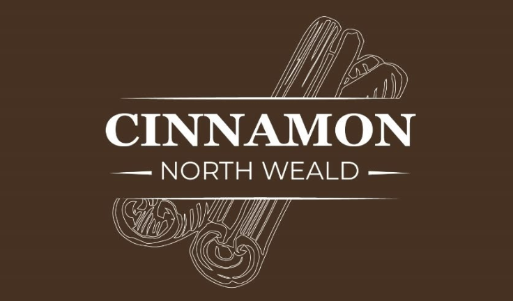 White outline of cinnamon sticks on a brown background with bold text CINNAMON RESTAURANT and NORTH WEALD below, separated by two lines. White outline of cinnamon sticks on a brown background with bold text CINNAMON RESTAURANT and NORTH WEALD below, separated by two lines.