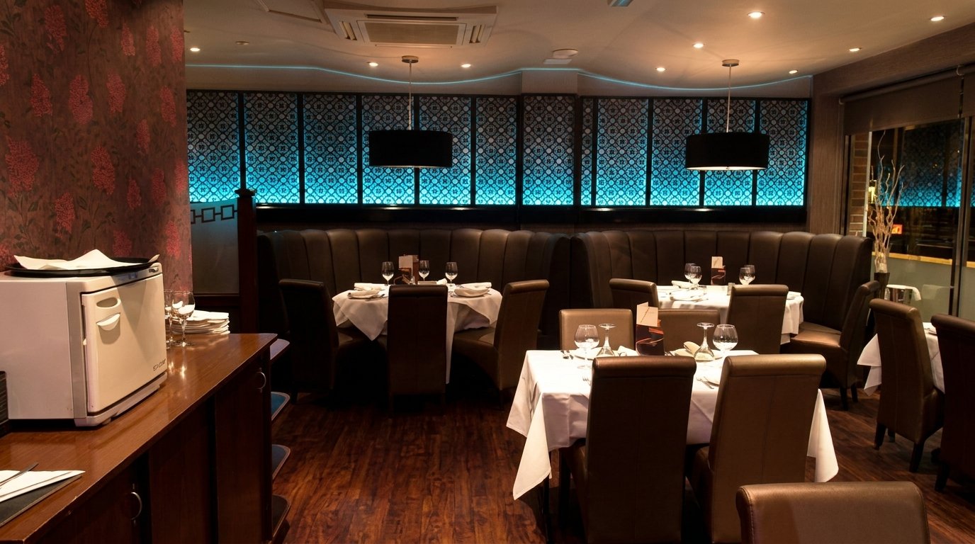 Elegant restaurant interior with brown leather chairs, white tablecloths, laid tables, patterned wall panels, and warm ambient lighting. Dark wood floor and contemporary decor create a cosy, upmarket atmosphere at Cinnamon Restaurant in North Weald. Elegant restaurant interior with brown leather chairs, white tablecloths, laid tables, patterned wall panels, and warm ambient lighting. Dark wood floor and contemporary decor create a cosy, upmarket atmosphere at Cinnamon Restaurant in North Weald.