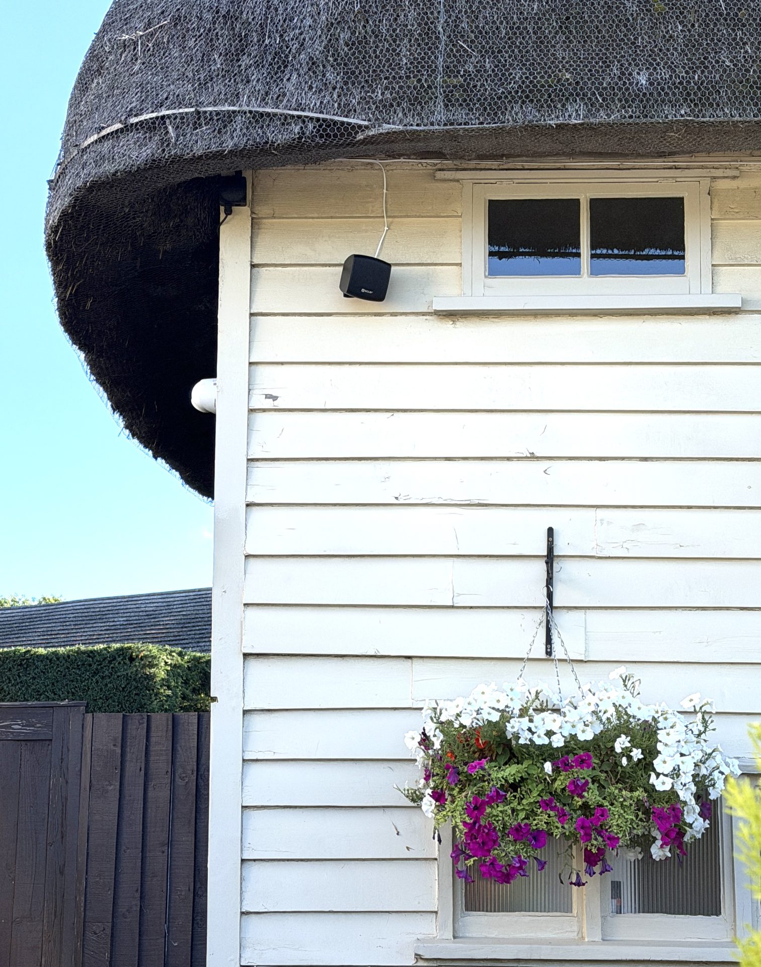 A hanging basket with purple and white flowers is attached to the white wooden house at The Thatchers in Hatfield Heath, featuring a small window, thatched roof, and a black speaker mounted above.